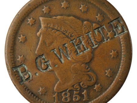 1851 USA Cent Fine (F-12) B.G. White Counterstamped $ For Discount